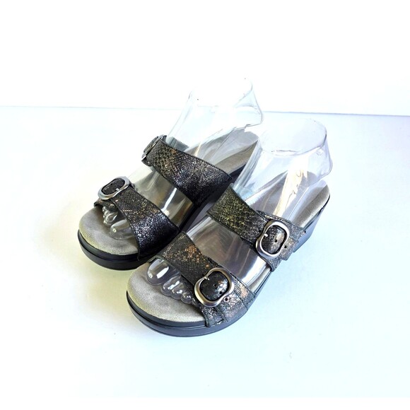 DANSKO Sophie Sandals Metallic Python Leather Sz 37 6.5 7 Black Sparkly Comfort - Picture 2 of 14